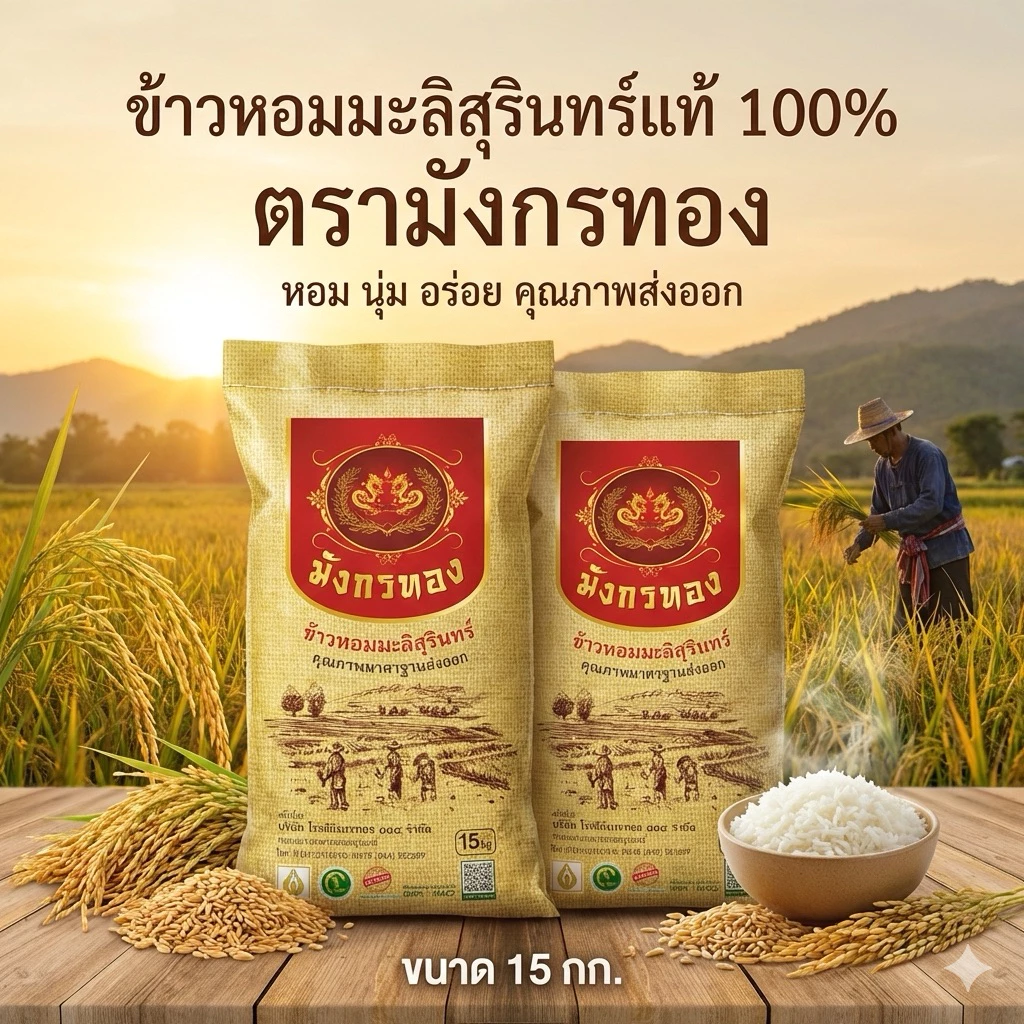 ข้าวหอมมะลิสุรินทร์(ข้าวกลางปี) ตรามังกรทองขนาด15กิโล เกรดส่งออก
