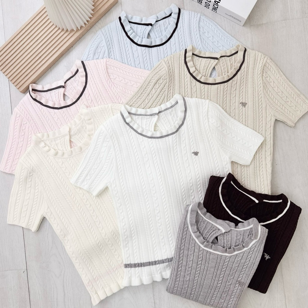 เสื้อไหมพรมแขนสั้น คอระบาย ป้ายwaya