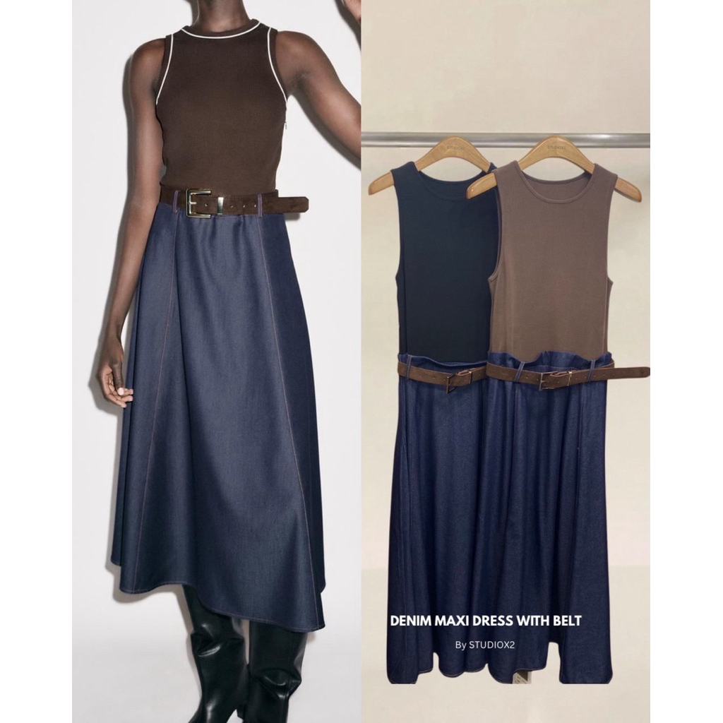 9983 STUDIOX2 DENIM MAXI DRESS WITH BELT (size01/02 790฿) เดรสยาวทรงแมกซี่ท่อนบนเป็นผ้ายืด ท่อนล่างเ