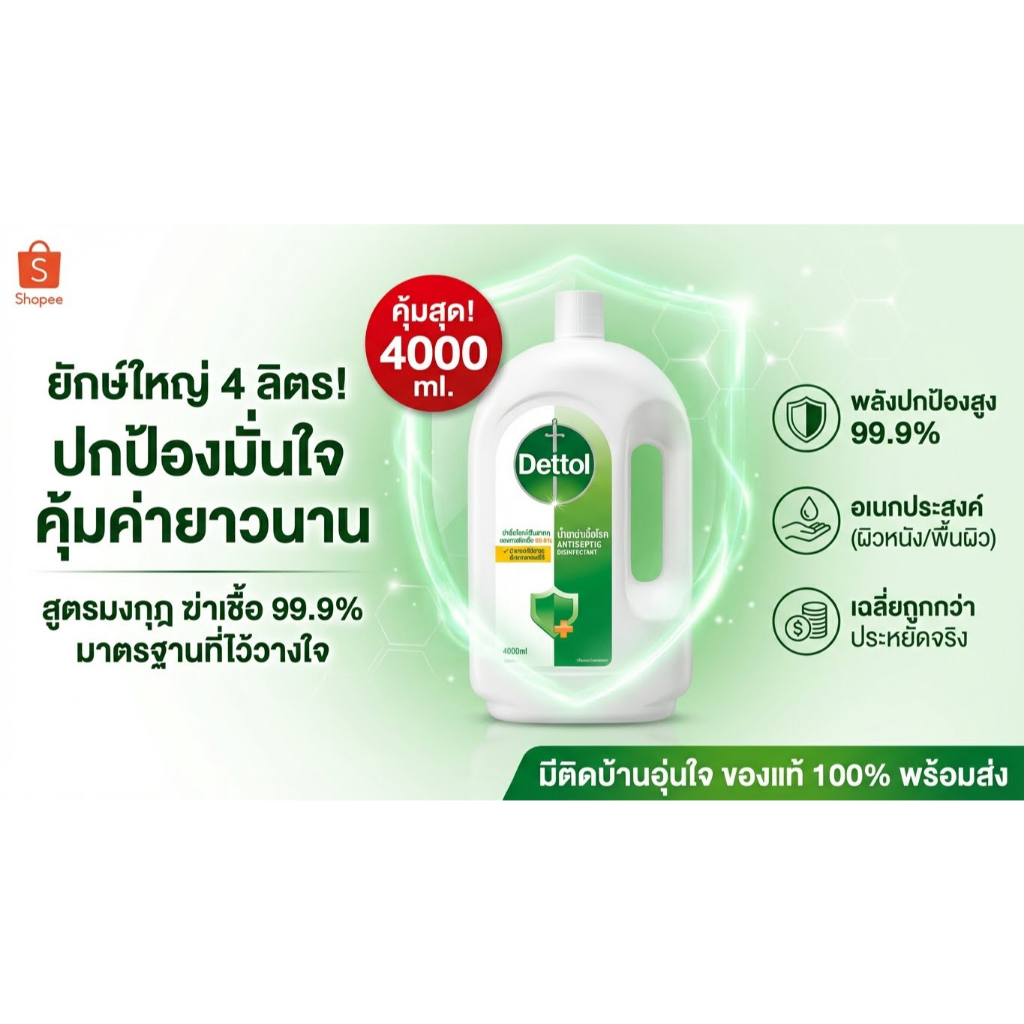 ​[พร้อมส่ง ของแท้ 100%] Dettol Antiseptic Liquid สูตรอนามัย 4000ml 🛡️ สะอาดครบ จบในแกลลอนเดียว