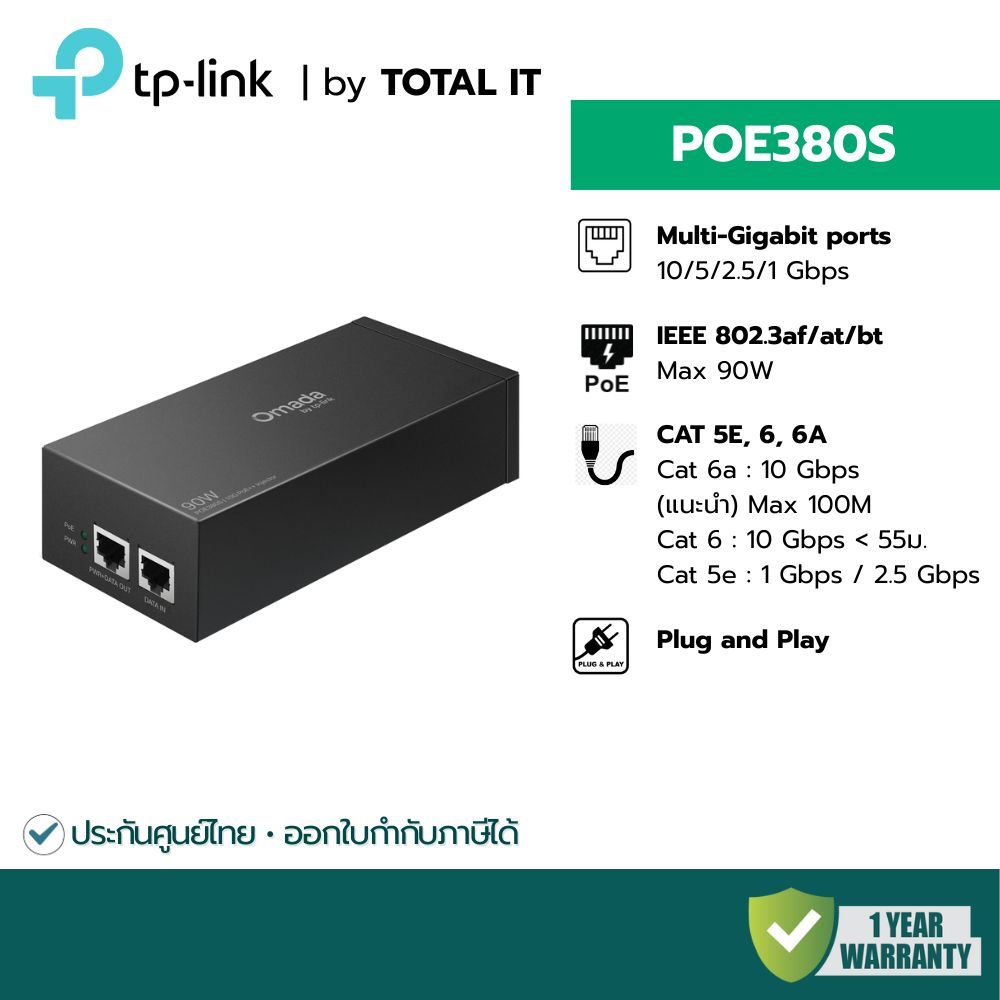 PoE++ 90W Injector 10Gbps | TP-Link Omada POE380S | จ่ายไฟแรง รองรับ WiFi 7 | Plug & Play