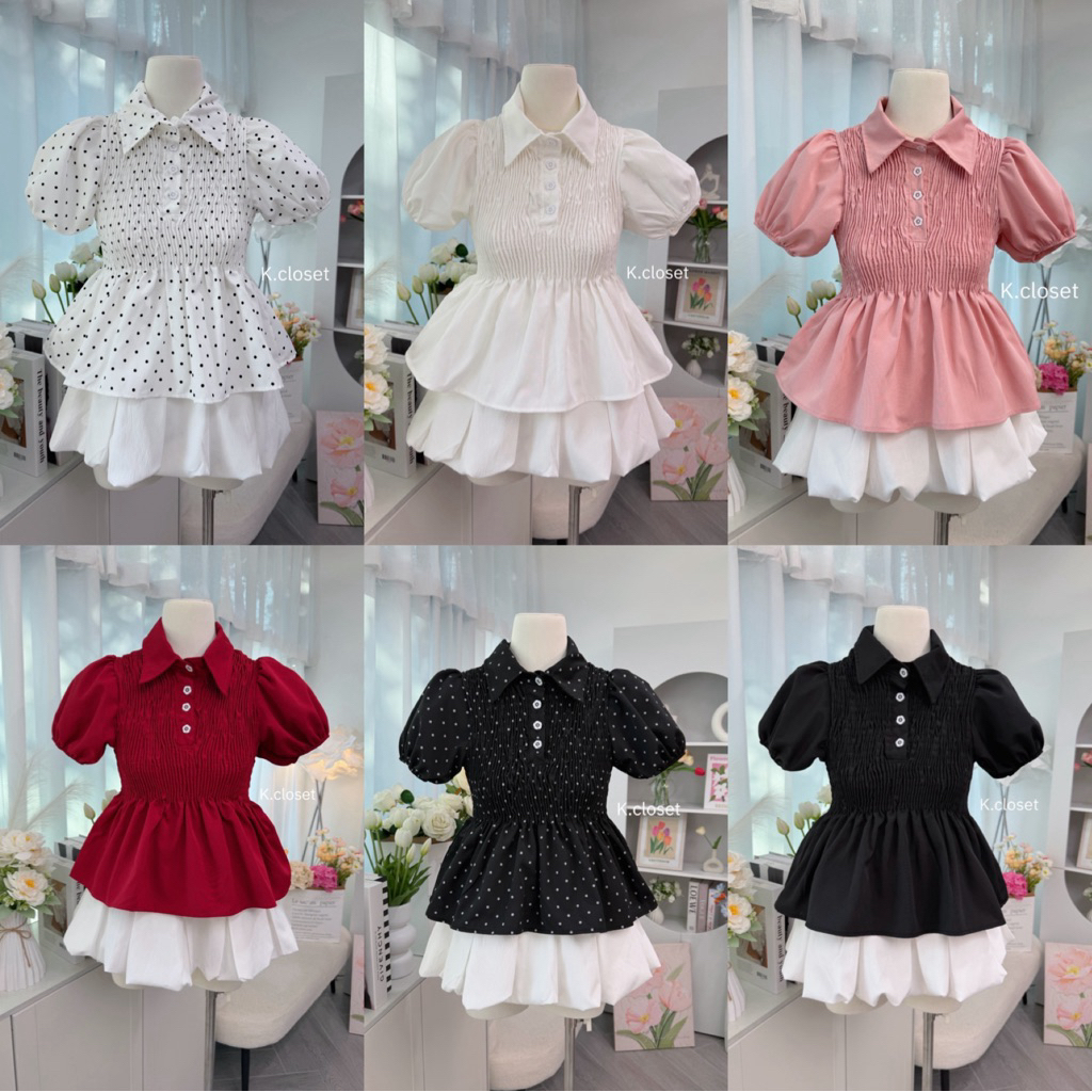 Bella Smock Top ✨ “เสื้อคอปกแต่งสม็อคแต่งกระดุม ทรงพองน่ารัก ใส่แล้วหุ่นเป๊ะ ทรงน่ารัก (เสื้ออย่างเดียว) – โปรปัง