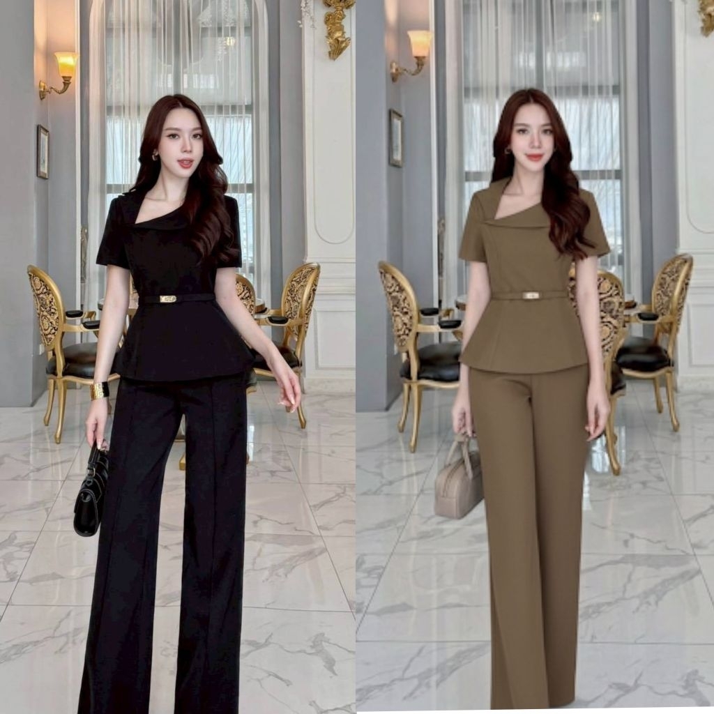 La la belle เซต3ชิ้นเสื้อผ้าสูทคอปกสูทเฉียงแขนสั้นเข้ารูปเข้าเอวชายทรงบานออกมาพร้อมกางเกงขายาวทรงกระบอกกลางตีเกล็ดหน้า