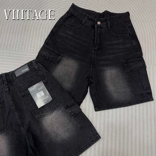 Vintage รุ่น 6025 กางเกงยีนส์ ขาสั้น สีดำ คาร์โก้ แต่งเฟดขา ทรงสวย ผ้าไม่ยืด กระเป๋าตรง 2 ใบ