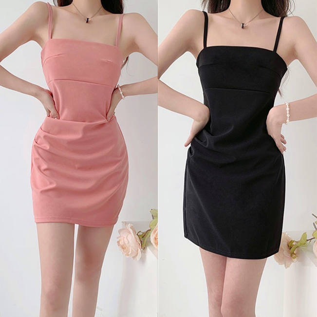 609  เดรสสั้น สายเดี่ยว เก็บหน้าท้อง มี2สี ผ้าไหมบิด น่ารักหวาน สไตล์ฝรั่งเศส