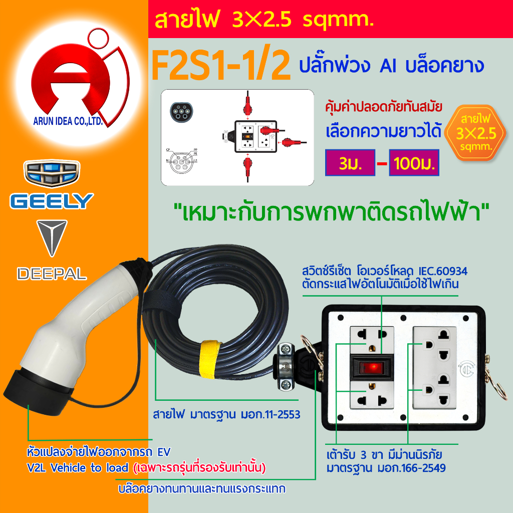 ปลั๊กพ่วง ปลั๊กไฟ รถไฟฟ้า V2L DEEPAL 05 07 GEELY ex2 ex5 ตั้งแค้มป์ สาย3x2.5 มอก 3ม. - 100ม. รุ่น F2
