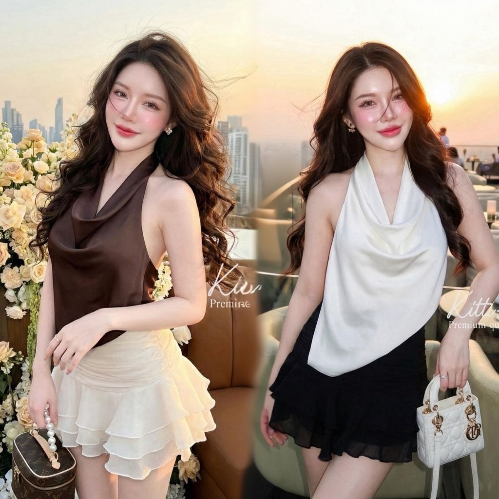 KITTI -T Set (2) ชิ้น เสื้อ+กระโปรง คหวานหรูแบบคุณหนู ดูแพง ใส่แล้วละมุนมากกก ผ้าซาตินเงานุ่ม