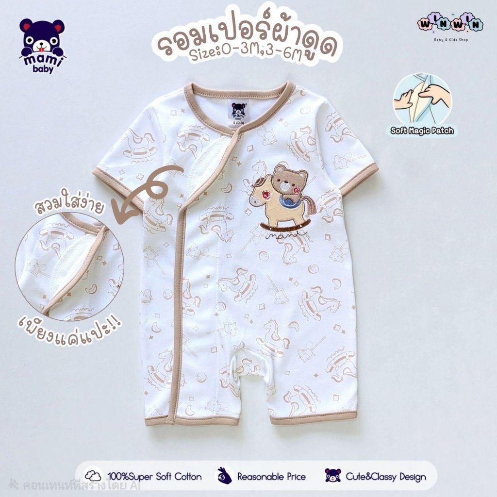 Mami Baby ชุดรอมเปอร์ ผ้าดูด Size: แรกเกิด-6เดือน ผ้านุ่ม สวมใส่ง่าย