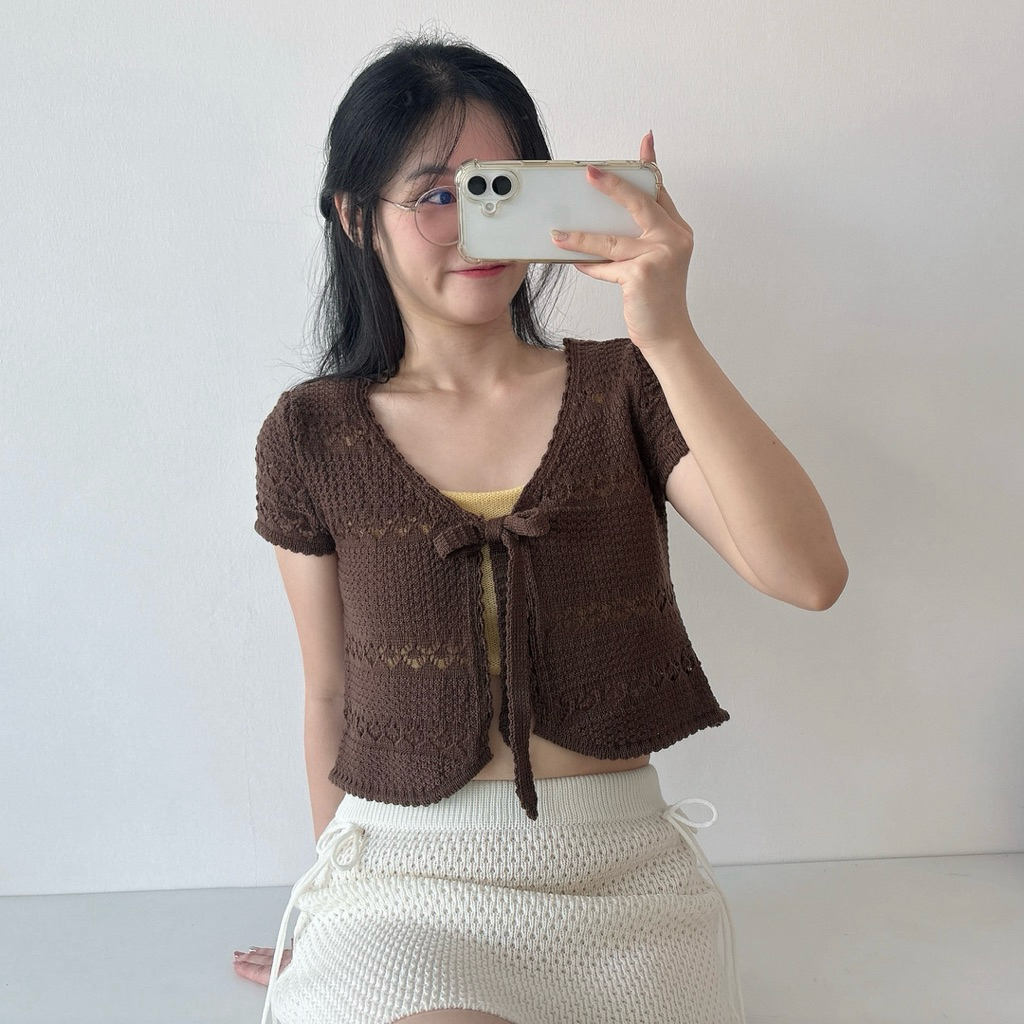 MOMOKA.KNIT🍑 เสื้อคลุม Crochet แขนสั้นผูกโบว์หน้า🌺