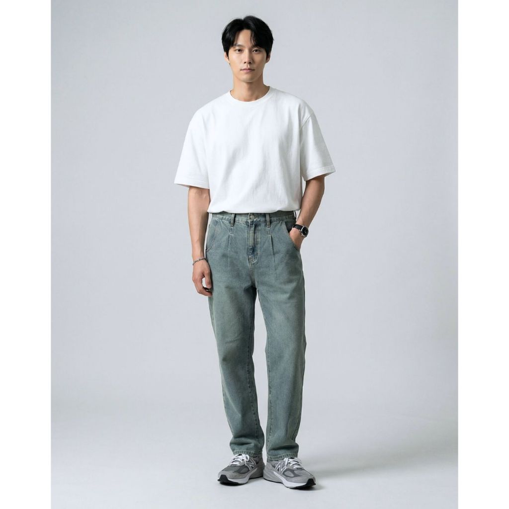 HIMSELF Flex Wide Jeans กางเกงยีนส์ทรงกระบอกตรง เอวสูง เอวจีบสไตล์วินเทจ