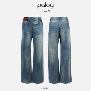 Paloy - PL6271 กางเกงยีนส์ขายาว ทรงกระบอก แต่งดีเทลแฟชั่นป้ายหน้า