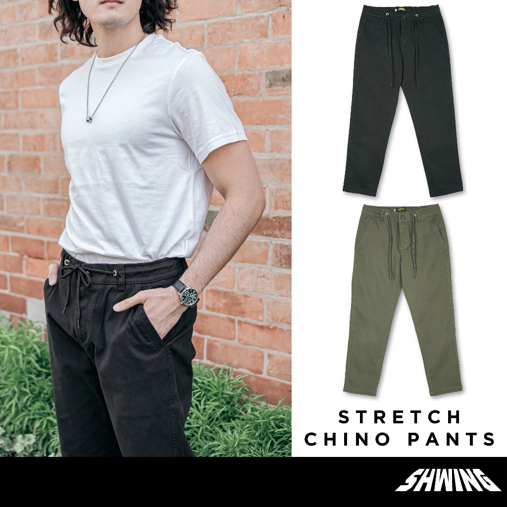 SHWING กางเกงขายาวชิโน่ ผ้า Cotton ยืด หนานุ่ม เอวมีเชือก และซิปกระดุม ทรงกระบอก Stretch Chino Pants