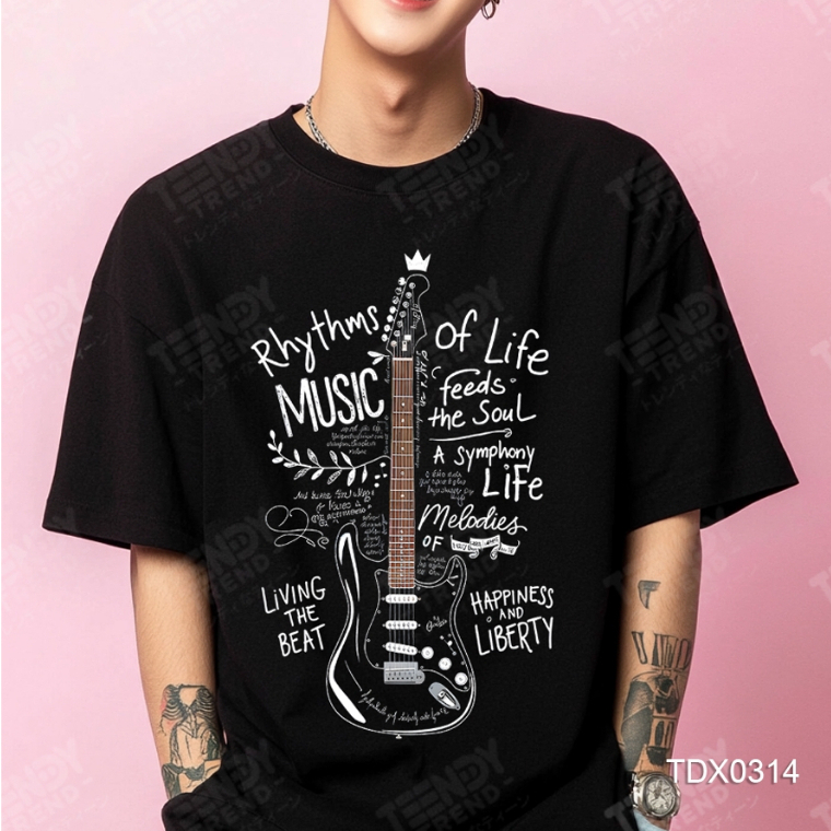 Teendy Trend เสื้อยืดผู้ชาย ผู้หญิง คอตตอน ลายguitar สีดำ รุ่นTDX0314-BL