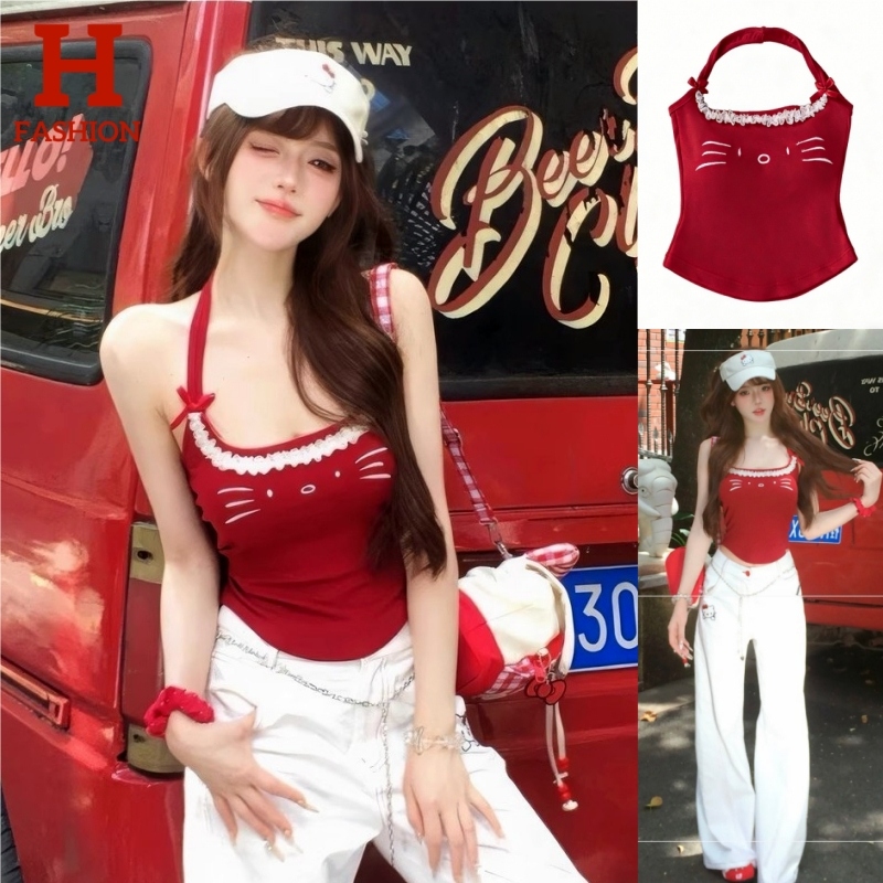 HOT FASHION Kitty พร้อมส่ง เสื้อสายเดี่ยวลายน้องแมวสาว น่ารักมาก สีแดง สดใสยืดพอดีตัว FY3550