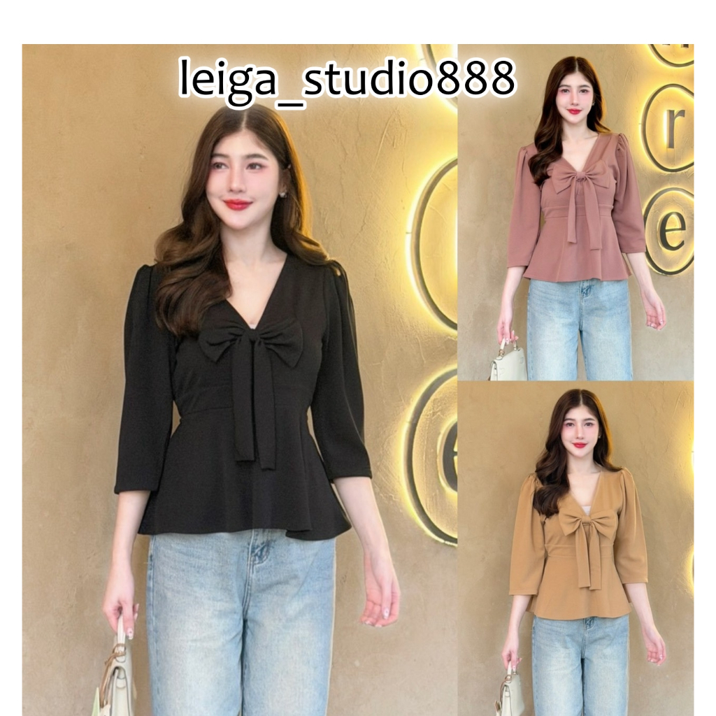 วูลเวฟ เสื้อผ้าวูลเวฟ ผ้ายืด ใส่สบาย คอวีแต่งโบว์หน้า ชายระบาย สม็อคหลัง น่ารัก สาวอวบ อ้วน เสื้อสาวอวบ ใส่ทำงาน T012