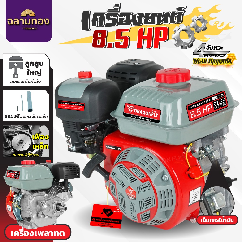 เครื่องยนต์เบนซิน เครื่องยนต์อเนกประสงค์ 8.5 แรง แบบเพลาทด เครื่องสูบน้ำ (เฟืองทด)(เครื่อง165)