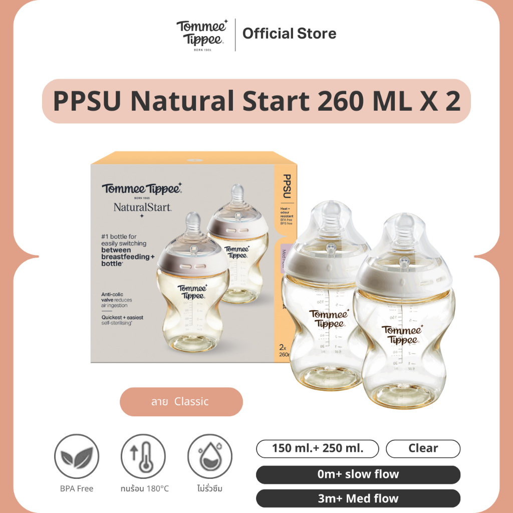 Tommee Tippee ขวดนม PPSU 260ml (แพ็ก 2) ขวดสีชา ทนความร้อนสูง พร้อมจุกเสมือนแม่ Size M รูปที่ 2
