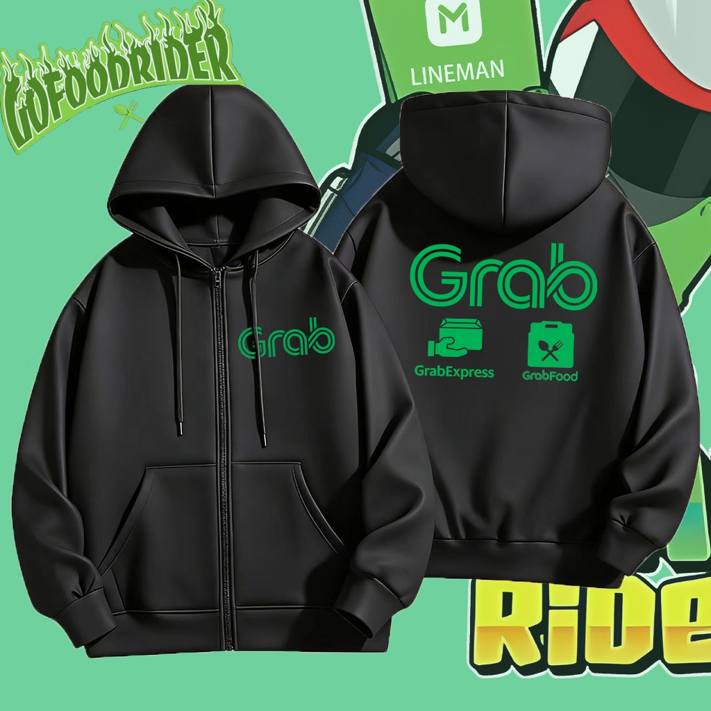 Grab เสื้อฮู้ด ไลน์แมน งานป้าย-สวม ผ้าดีเกรด เสื้อกันหนาว งานดีแน่นอน หนานุ่มใส่สบาย ซิป Hoodie กับหมวก (M-3XL)