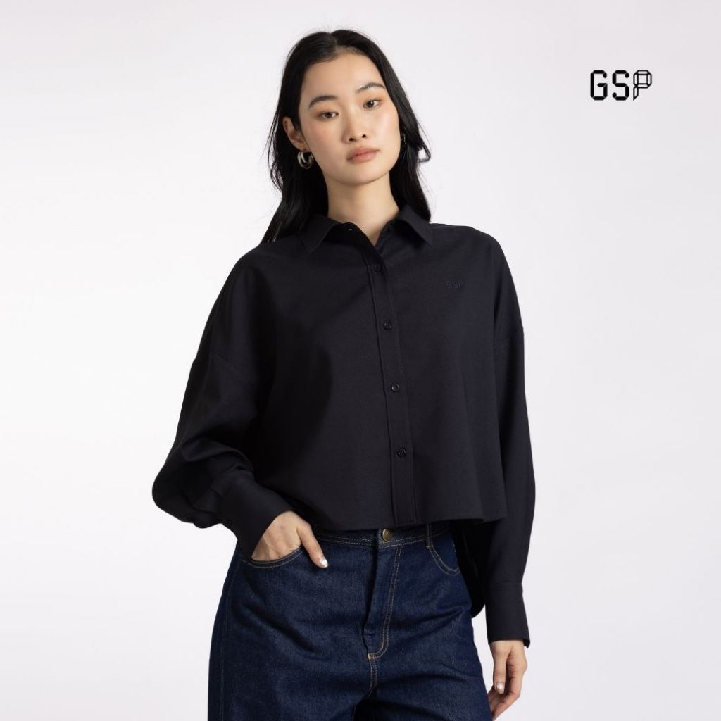 GSP shirt Flexi twill stretch Crop shirt เสื้อเชิ้ตผู้หญิง เฟล็กซี่ ทวิลล์ สเตรท ปกเชิ้ต แขนยาว สีดำ P9YJBL