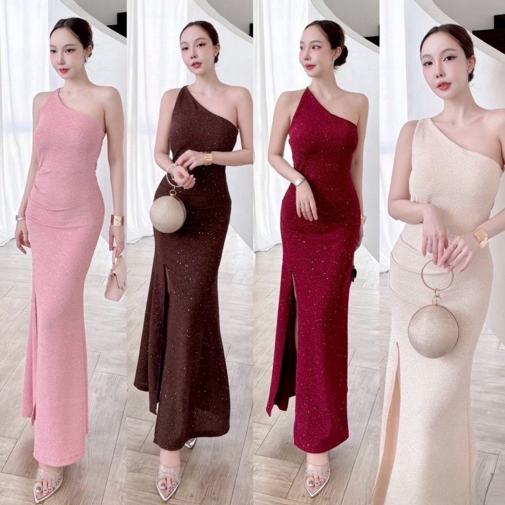 A432 - เดรสออกงาน ผ้าวิ้งค์ปาดไหล่เฉียง ชุดไปงานแต่ง เดรสยาว