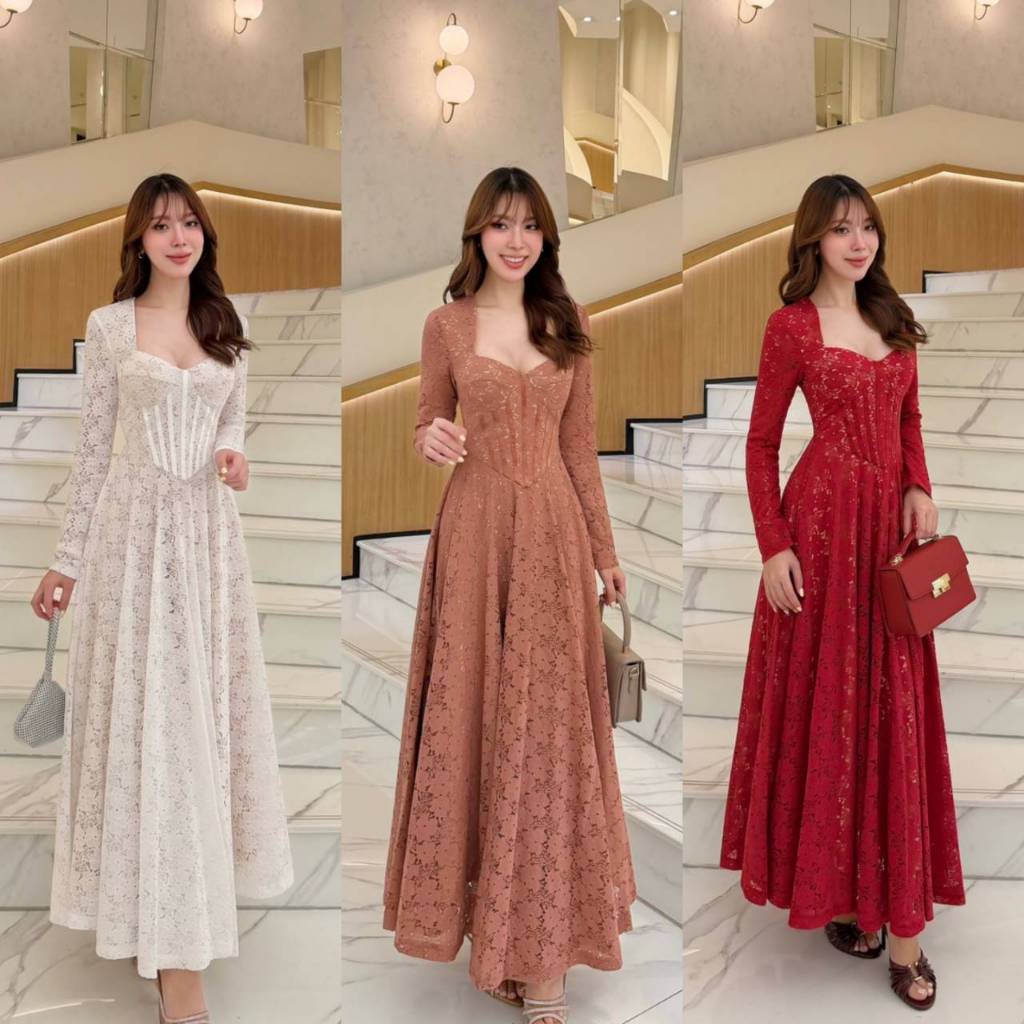 ABIGAIL Maxi เดรสแขนยาวเนื้อผ้าเป็นลูกไม้ดีไซน์หรู