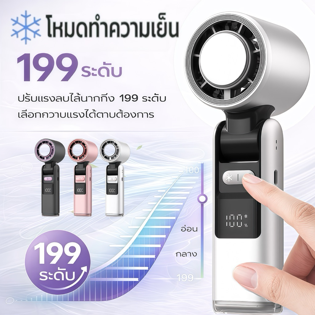 พัดลมพกพาพัดลมมือถือ แบตอึด5ชั่วโมงปรับระดับได้199ระดับ ไฟฉายในตัวHigh-speedFanพัดลมไอเย็น