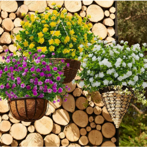 Fake flowers, small bouquets, plastic flowers, bundles of green plants, green leaves, fake