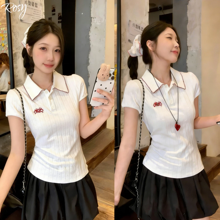 🦄พร้อมส่ง✨เสื้อยืดแขนสั้นคอปก เสื้อครอปไหมพรม เสื้อคอปกกระดุมหน้า ผ้านิ่ม ใส่บาย มินิมอล สไตล์เกาหลี