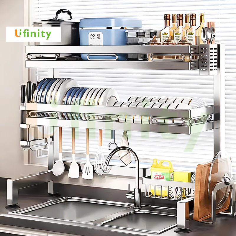 Lifinity ชั้นวางจาน 2 ชั้น สแตนเลส304 สำหรับราน้ำชาม แบบหลับ ชั้นวางของครัว