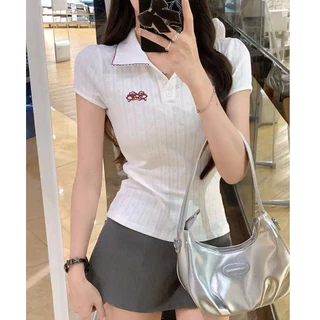 🔥Rosy Bra💥เสื้อยืดคอปกแขนสั้น เสื้อครอปไหมพรม กระดุมหน้า ผ้านิ่ม สไตล์เกาหลี สไตล์ลำลอง