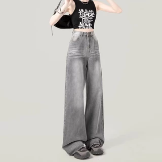 S~5XL Cement Gray Baggy jeans กางเกงขาตรงสีเทาอินเทรนด์ 2026 กางเกงยีนส์ลำลองเอวสูงใหม่หลวม HOT
