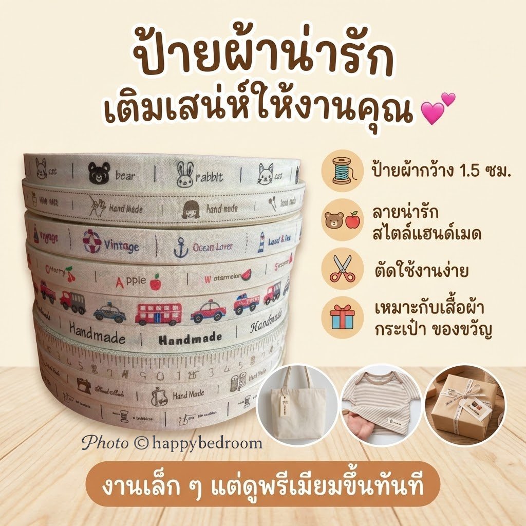 ริบบิ้นผ้าฝ้าย ริบบิ้นตกแต่ง กว้าง 1.5 cm 2 cm. ขายเป็นเมตร พร้อมส่ง จัดส่งไว