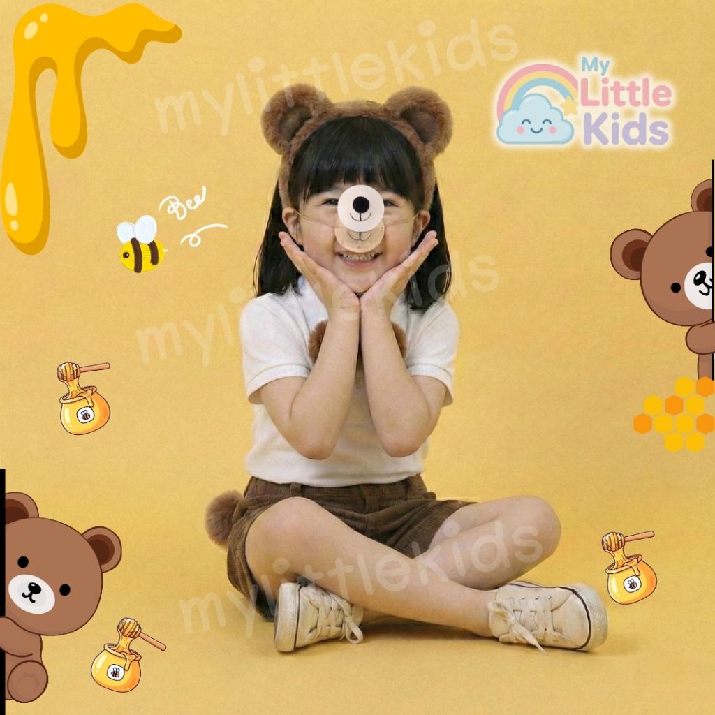 ชุดหมีเด็ก 4 ชิ้น (มีหาง+จมูก) พร็อพหูหมี คาดผมหูหมี ชุดแฟนซีเด็ก ชุดการแสดงธีมสัตว์ นุ่มใส่สบาย ไม่ร้อน งานแสดงกิจกรรม