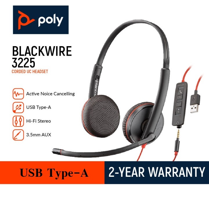 Poly Blackwire 3225 Wired Headset (Plantronics) Hi-fi Stereo, Noise-Canceling Mic –Stereo Design, USB-A - 2Yrs Warranty