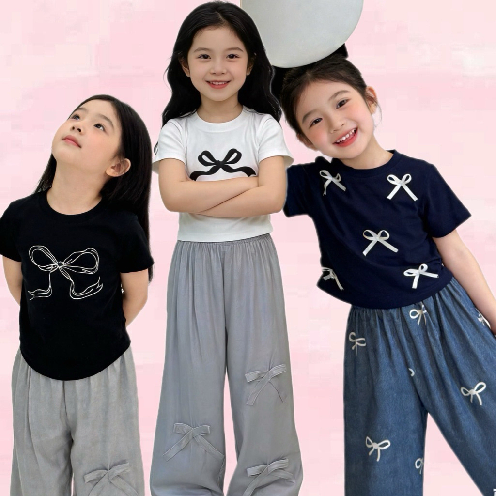 BB049 ชุดเซตเด็ก เสื้อ+กางเกงขากว้าง ประดับโบว์ ผ้านิ่ม ใส่สบาย (ไม่ใช่ผ้ายีนส์) สไตล์เกาหลีสุดๆ