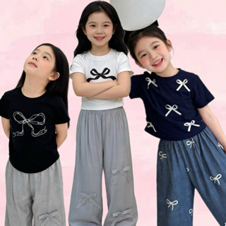 BB049 ชุดเซตเด็ก เสื้อ+กางเกงขากว้าง ประดับโบว์ ผ้านิ่ม ใส่ส…
