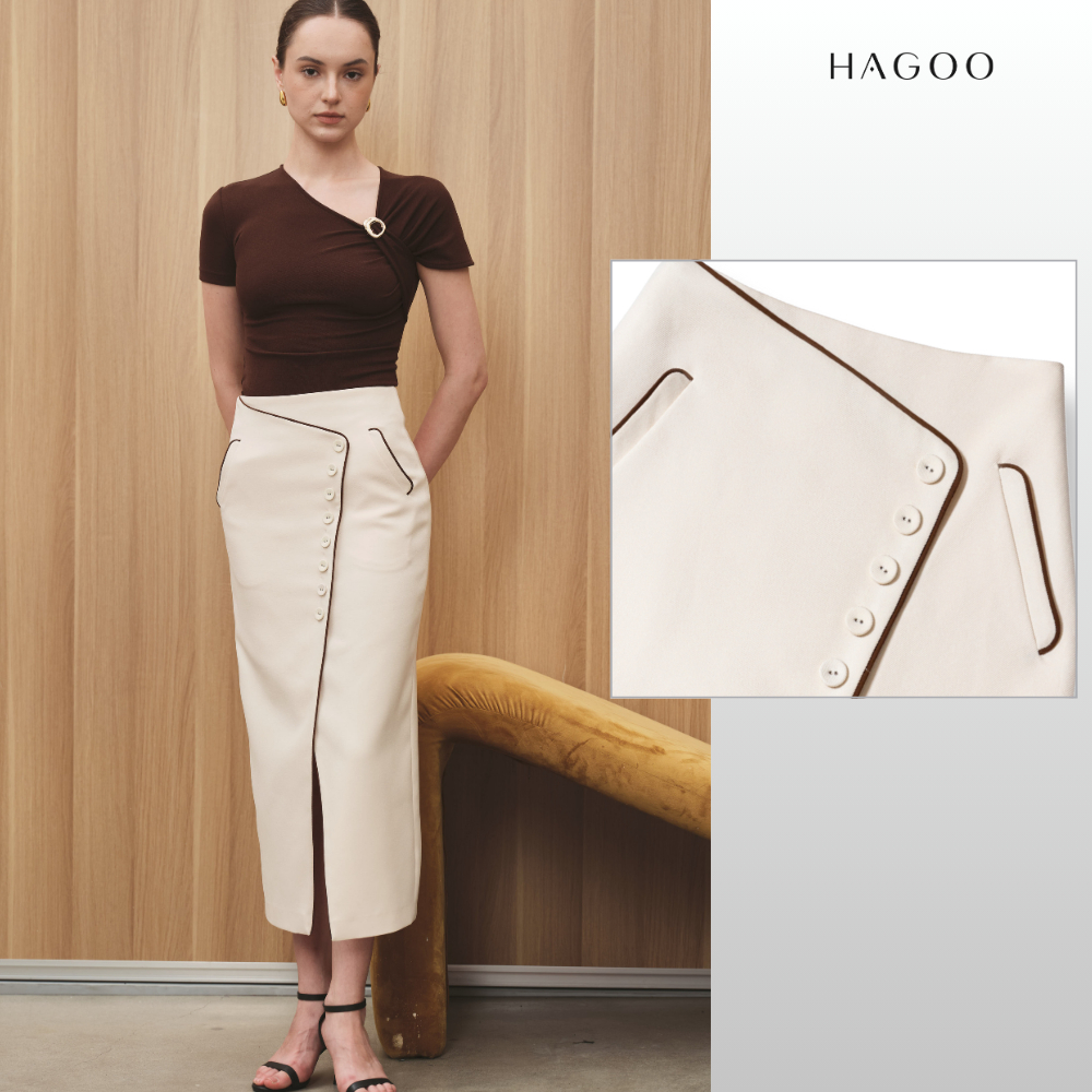 HAGOO กระโปรงทรงสอบ ชายเฉียง ดีไซน์สุภาพ สำหรับลุคทำงาน [CV711] ราคา ถูกที่สุด ดีลบีเคเค