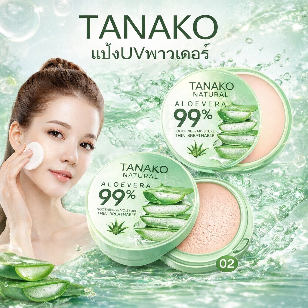 TANAKO UV POWDER  แป้งพัฟผสมรองพื้น สูตร ALOE​VERA กันน้ำ ติดทนนาน เบลอรูขุมขนด้วย ช่วยดูดซับความมันตลอดวัน บางเบาคุมมัน
