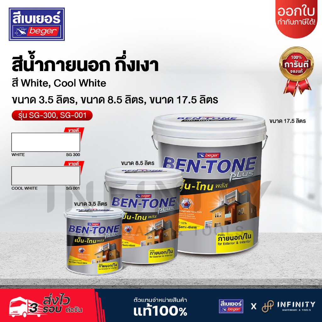 BEN-TONE PLUS สีน้ำภายนอก ชนิดกึ่งเงา BEGER รุ่น SG-001, SG-300 ขนาด 3.5, 8.5, 17.5 ลิตร