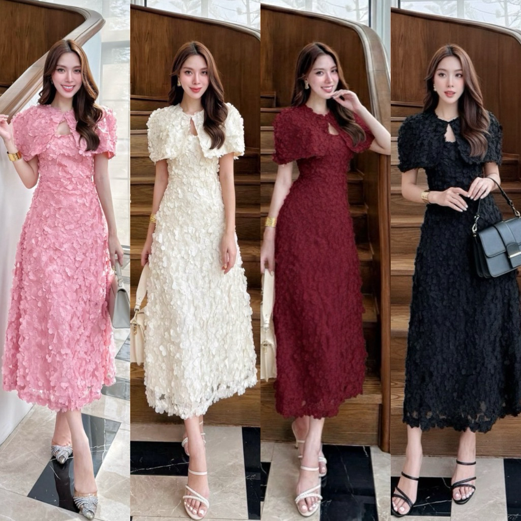 LA LA BELLE•เดรสคลุมไหล่ ปักดอกไม้ป๊อปอัพทั้งชุด มาพร้อมผ้าคลุมไหล่มีตะขอเกี่ยว