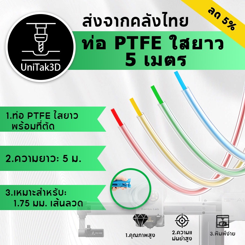 【🚚สินค้าพร้อมส่ง】5m ซุปเปอร์ใส PTFE Tube OD4 ID2.5mm Teflon tube 1.75mm พร้อมตัวตัด for Bambu Lab A1