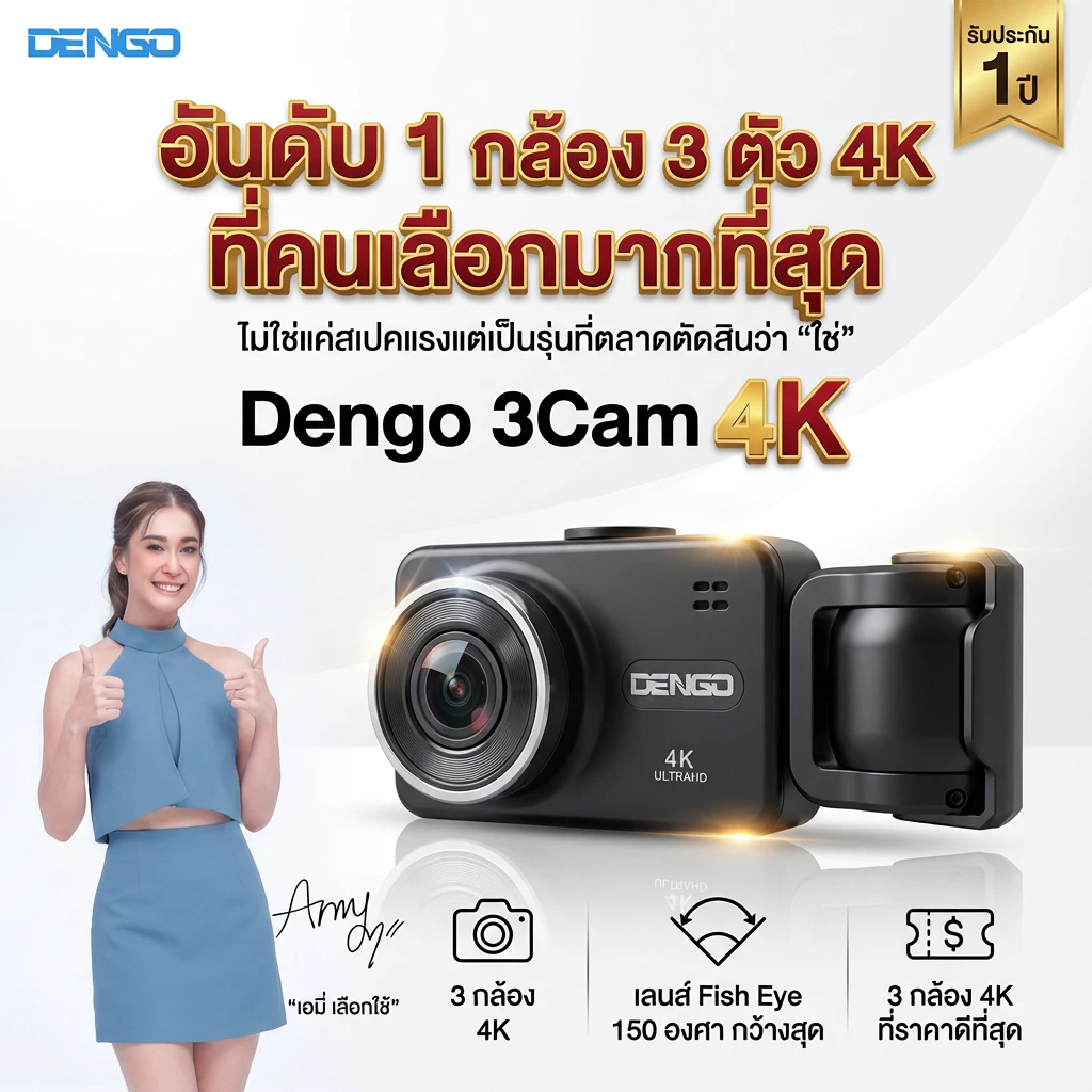 [กล้องรถเอมี่ 3 กล้องชัด 4K] Dengo 3 Cam 4K กล้องติดรถยนต์ 3กล้อง ห้องโดยสารเลนส์กว้าง เชื่อมต่อ Wifi ประกัน 1 ปี thumbnail 4