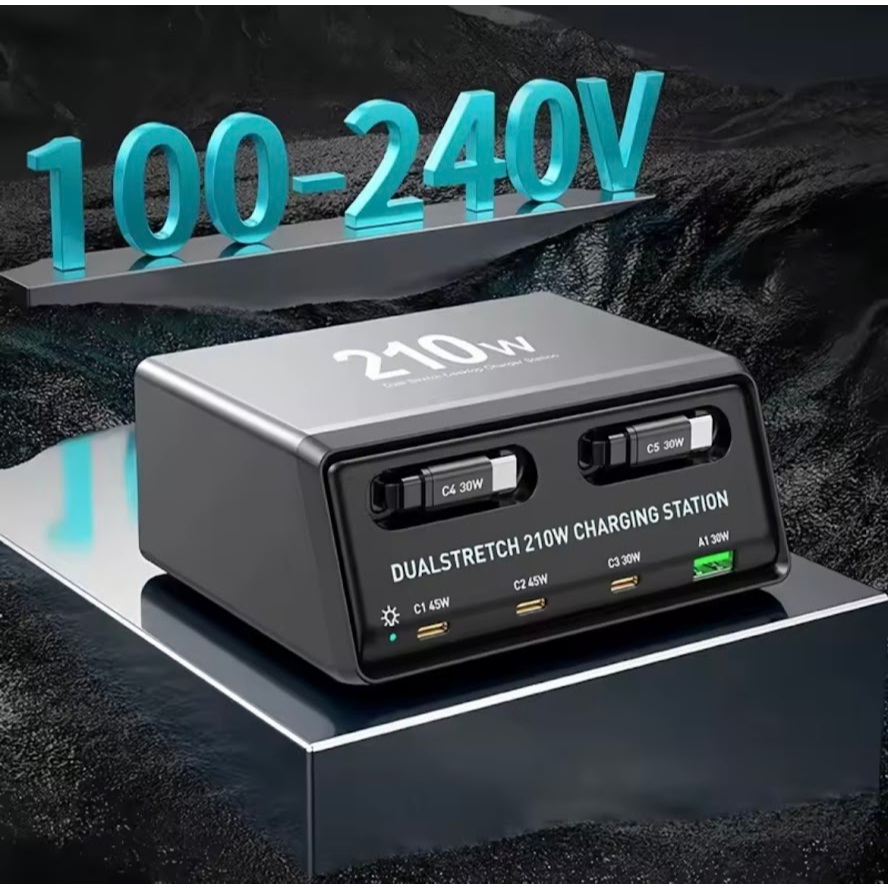 แท่นชาร์จ Dualstretch 6in1 พร้อมสายชาร์จแบบยืดหดได้ ฮับจ่ายไฟ 210W สำหรับการชาร์จเร็วของอุปกรณ์หลายเครื่อง เช่น โทรศัพท์