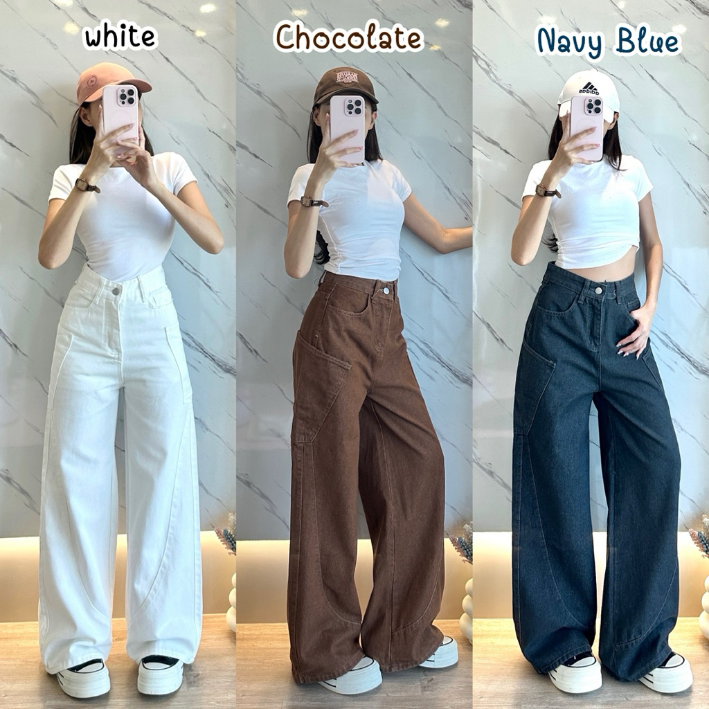 กางเกงยีนส์ CHANA รุ่น Curve Wide Pants XS-2XL ดีไซน์เกล็ดโค้ง ผ้าไม่ยืด เอวสูง 660 | 661 | 6515 - ผ
