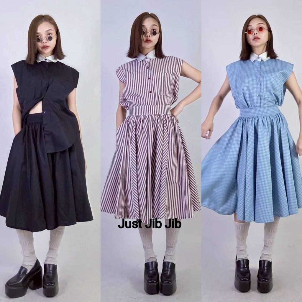 Set เสื้อปกเชิ้ต แขนกุด +กระโปรง ทรงบานยาวสี่ส่วน