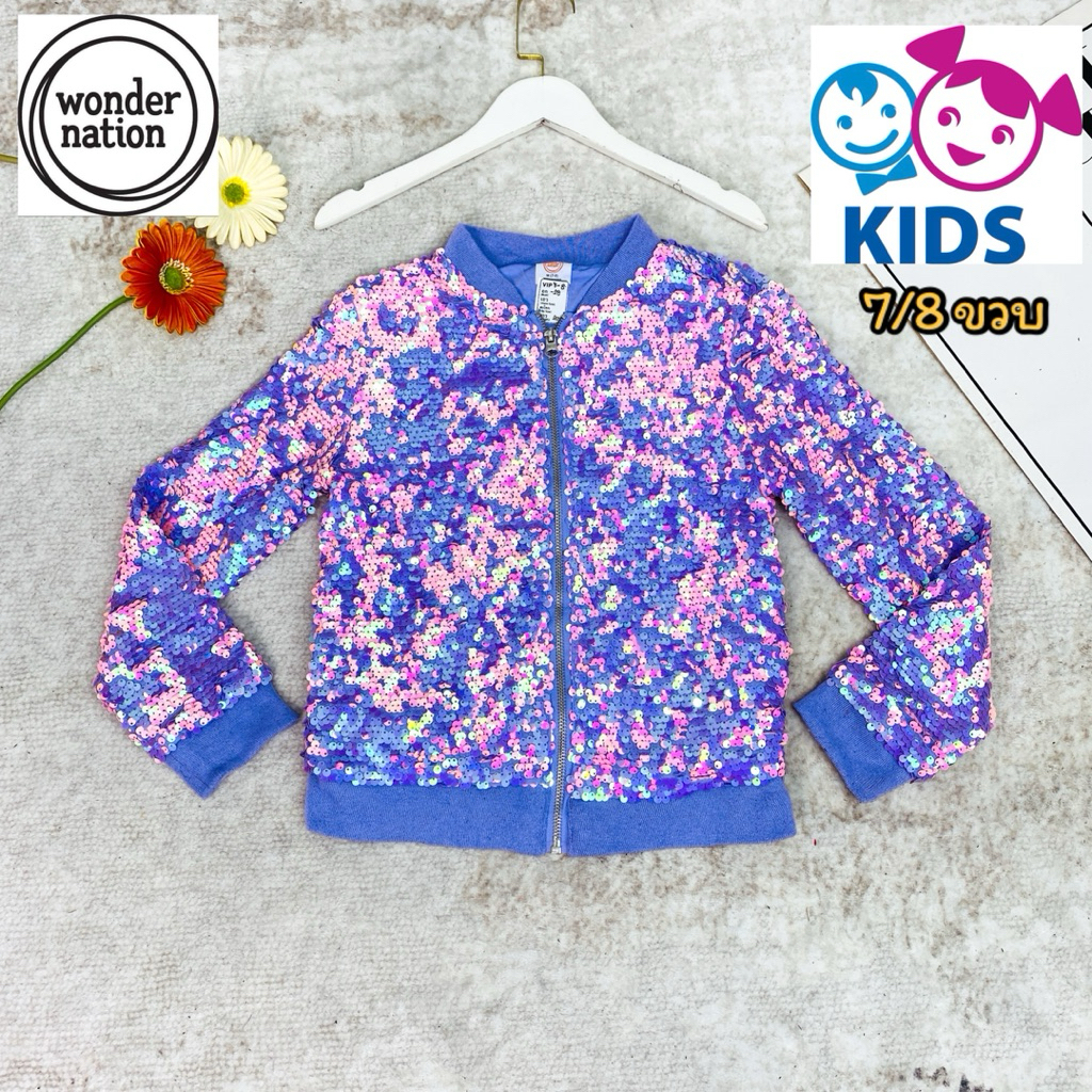 ไซด์ 7/8 ขวบ แบรนด์ wonder แท้100%🌸แจ็คเก็ต เด็ก Jackets ซิบหน้า งานเกล็ดวิบวับ สีม่วง ใส่ออกงาน ชุดปาร์ตี้