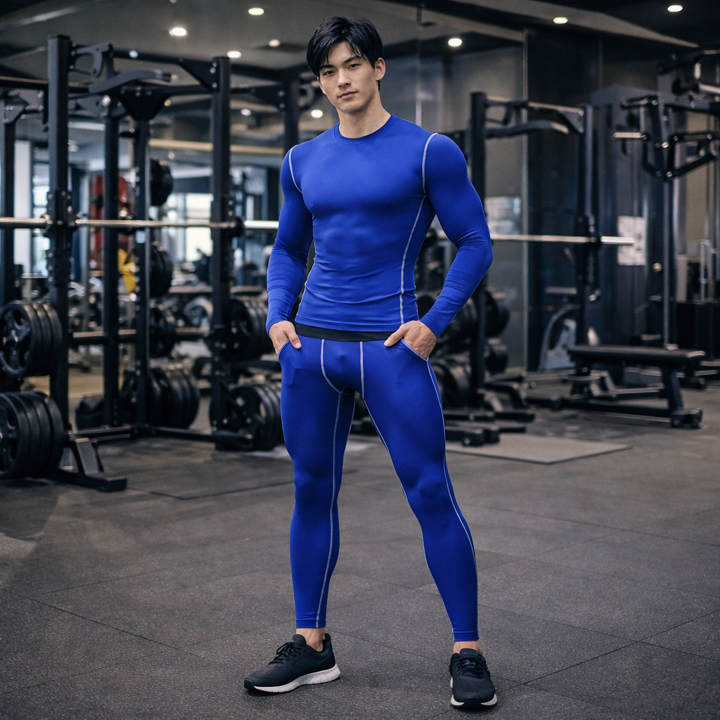 ชุดรัดกล้ามเนื้อแขนยาว+กางเกงขายาวสีน้ำเงิน ชุดออกกำลังกายพร้อมส่ง เนื้อผ้านิ่ม แห้งไว