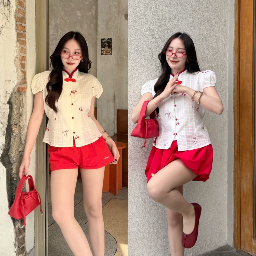 เสื้อแขนตุ๊กตาคอจีนลายเชอร์รี่น่ารักมาก