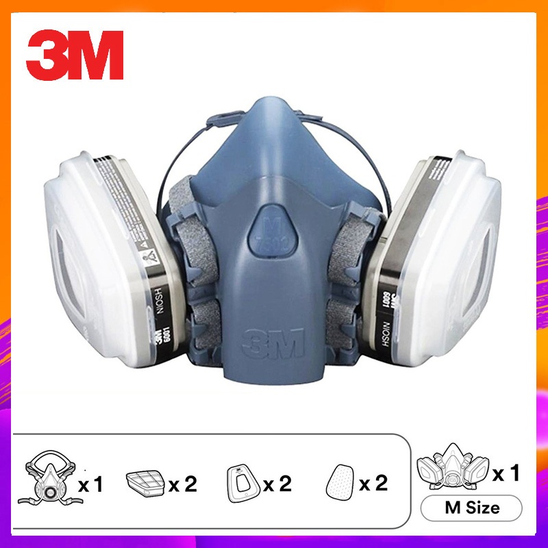 หน้ากากกันสารเคมี 3M รุ่น 7502, ตลับกรอง รุ่น 6001, แผ่นกรอง 5N11, ฝาครอบ 501 ป้องกันสารเคมมี สารไอระเหย พ่นยา สี ทินเนอ