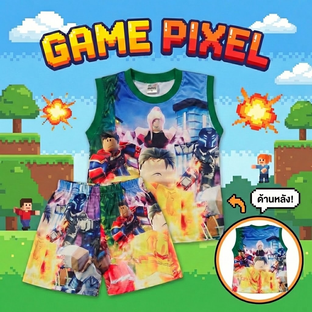 (RBX0991#1) ชุดเด็ก เสื้อกล้าม+กางเกงขาสั้น ผ้าไมโครเกรดA ลายเกมพิกเซล เสื้อผ้าเด็ก ชุดเด็กแฟชั่น ชุดเด็กลายการ์ตูน – โปรปัง